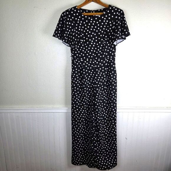Women's Calvin Klein Black and White Polka Dot Maxi Jumpsuit Ruffled Sleeve 08 - Picture 1 of 13